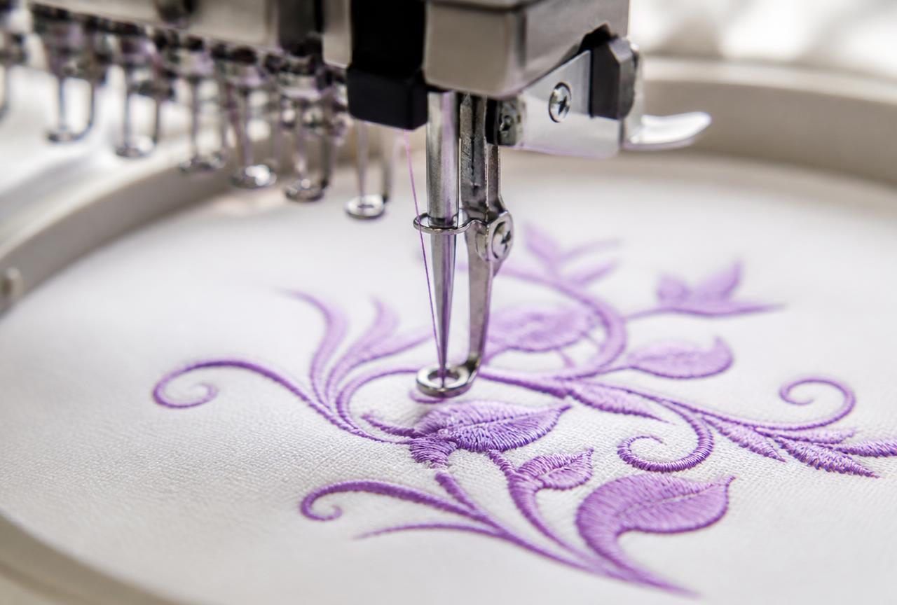 Brodyrmaskin som broderar ett mönster i lila tråd på ljust tyg